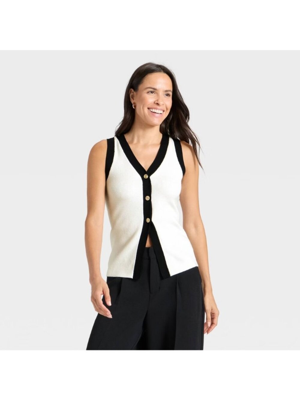 A New Day Vest Women Large White Button Front Stretch Knit Casual